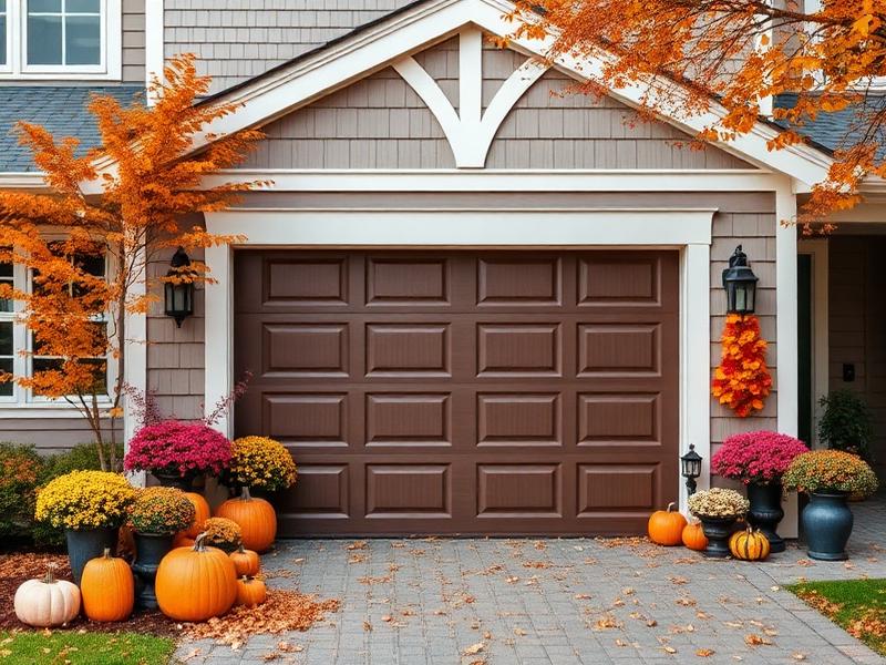 Beautiful residential garage door with fall autumn decorations and changing leaves