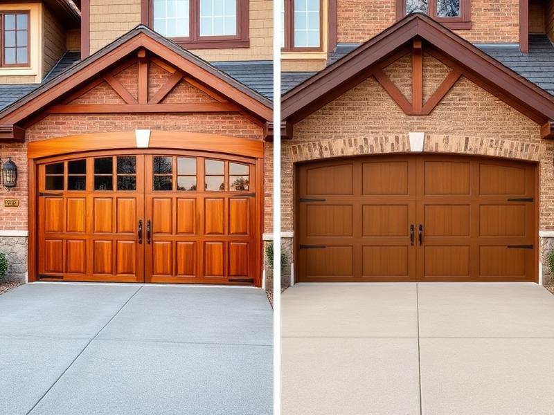 Side-by-side comparison of premium and standard garage door installations on homes
